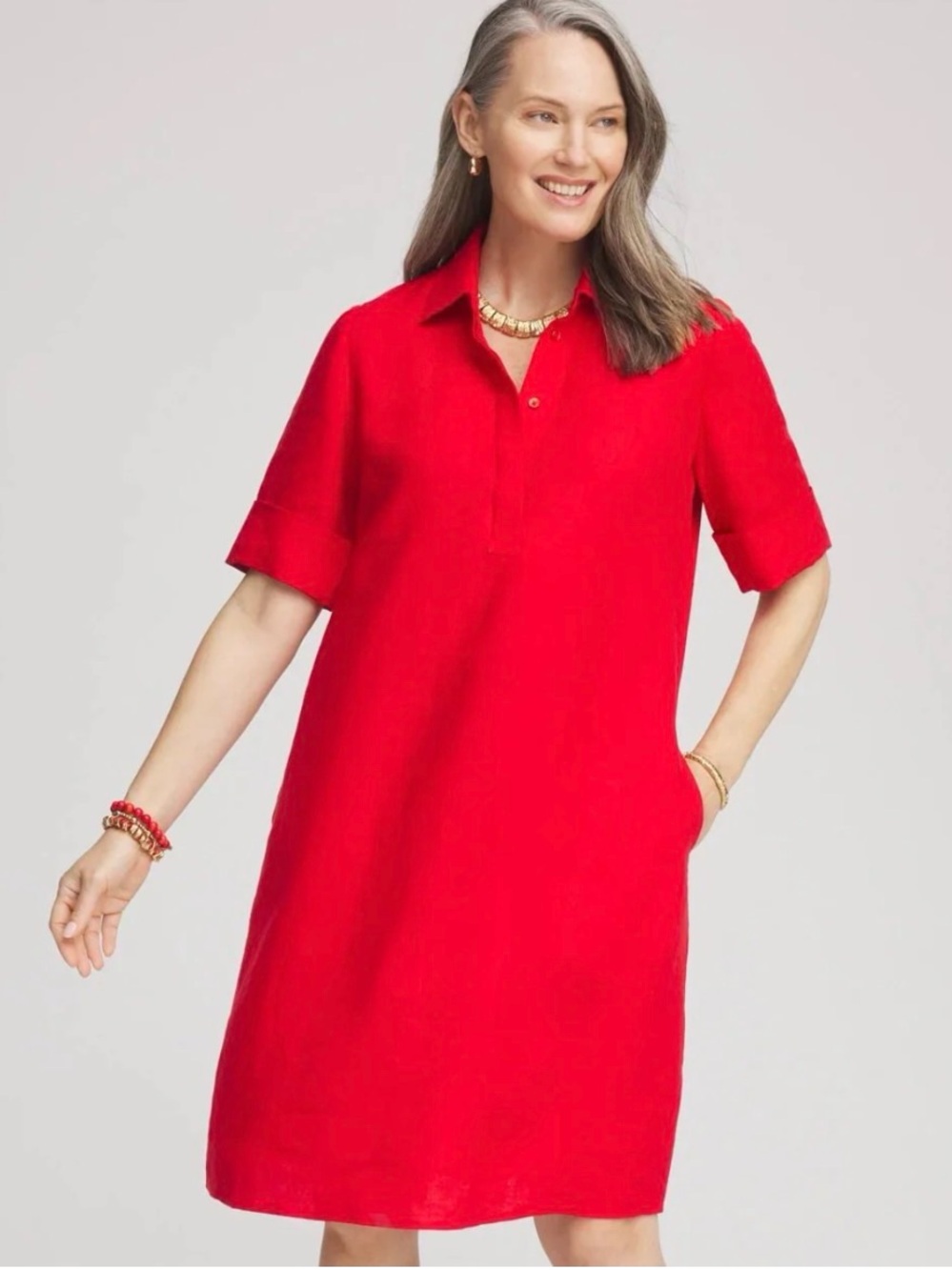 Chico's Vibrant Red Cuffed Short-Sleeve Linen Dress. Size Large equivalent
